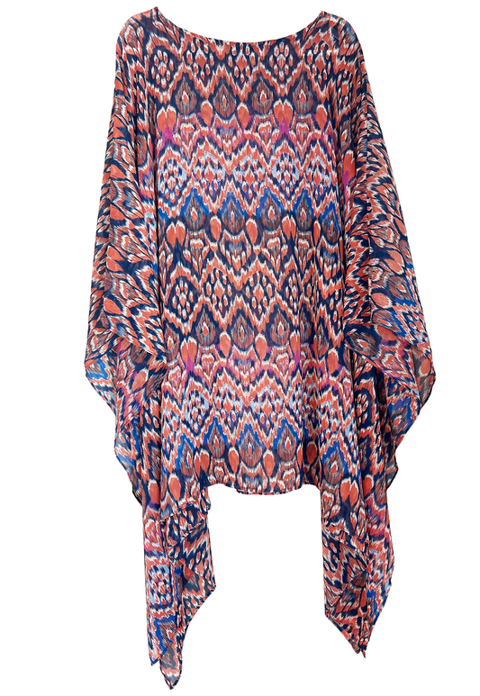 Blue & Coral Sheer Ikat Beach Cover Up